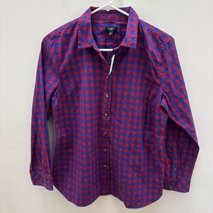 Talbots Petites Red Blue Plaid Button Front Shirt Size MediumLong Sleeve Flannel